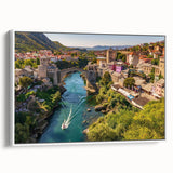 Framed canvas wall art showcasing a serene village landscape with vibrant colors and intricate details, designed to enhance home decor in modern settings.