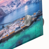 Close-up of a vibrant acrylic glass wall art piece showcasing a picturesque village landscape, featuring lush greenery and serene blue skies, perfect for home decor.