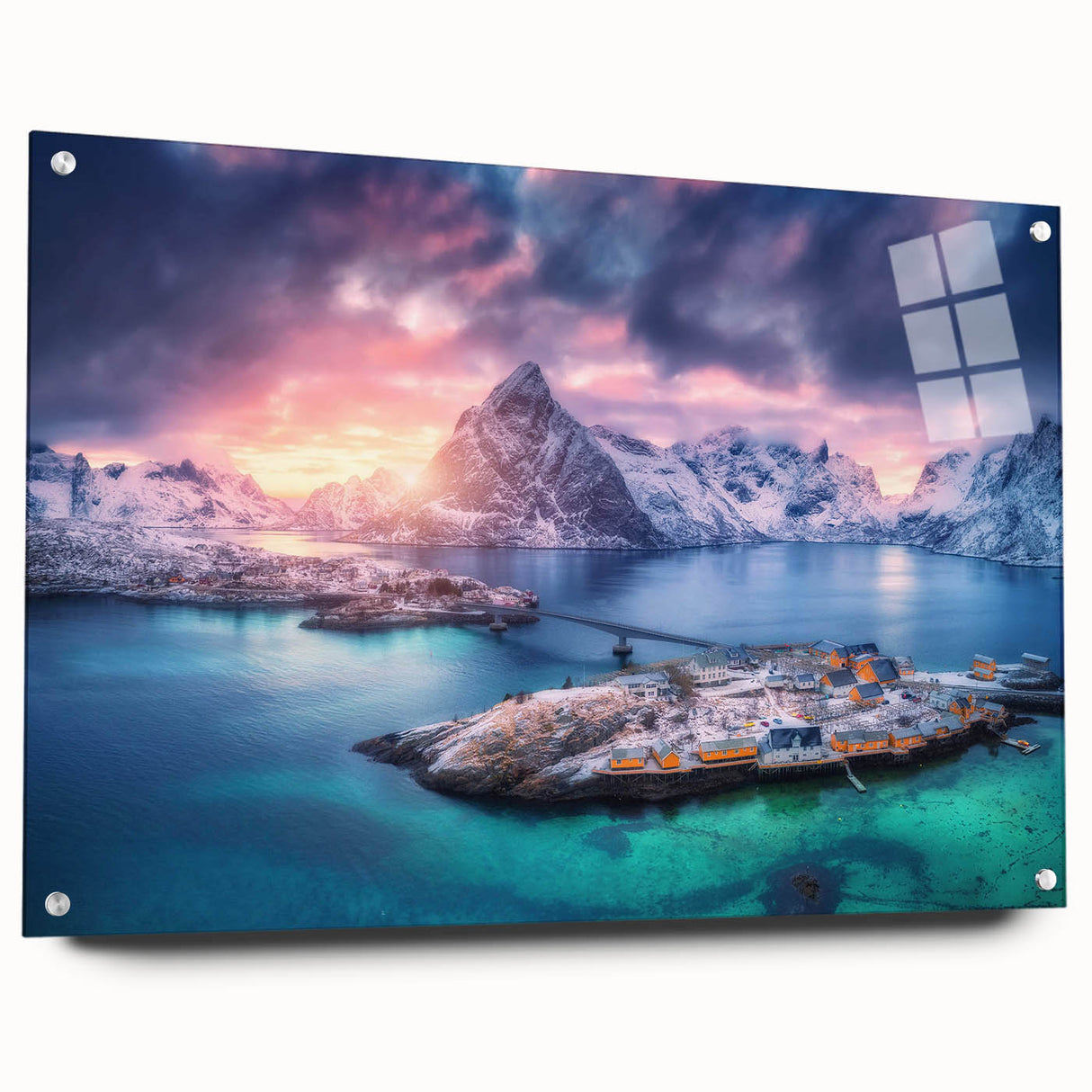 Acrylic wall art showcasing a vibrant village landscape design, framed with sleek glass and featuring visible pins, ideal for modern decor. The artwork highlights rich colors and intricate details that capture the essence of serene village life, perfect for enhancing interior spaces.