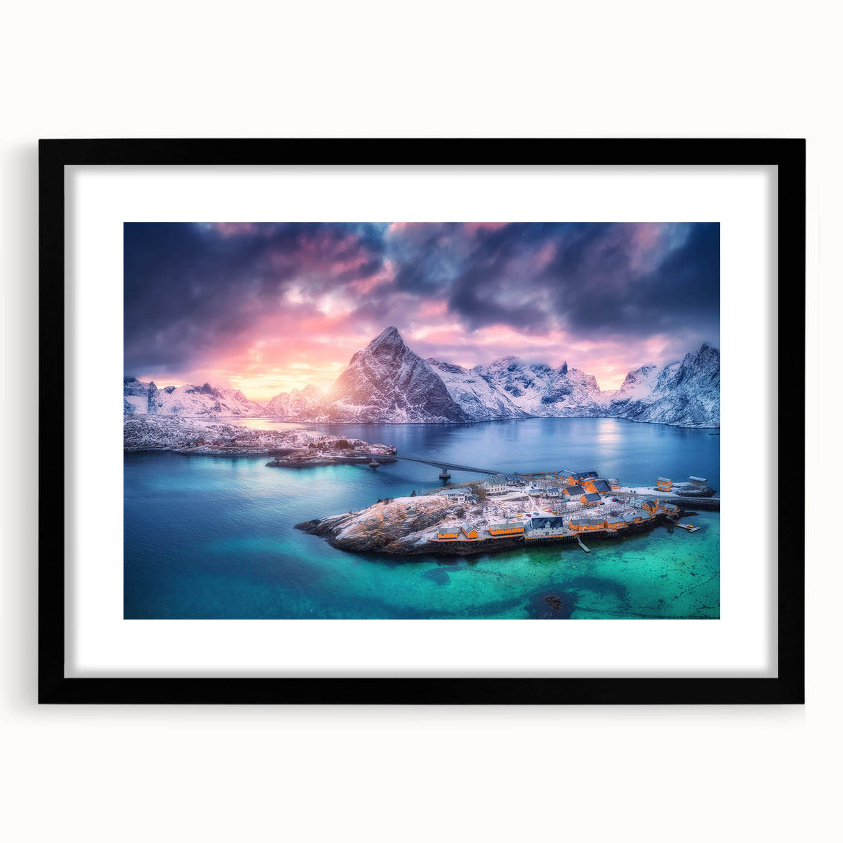 Framed black wall art featuring a serene landscape village design, showcasing vibrant colors and intricate details, perfect for home decor enhancement.