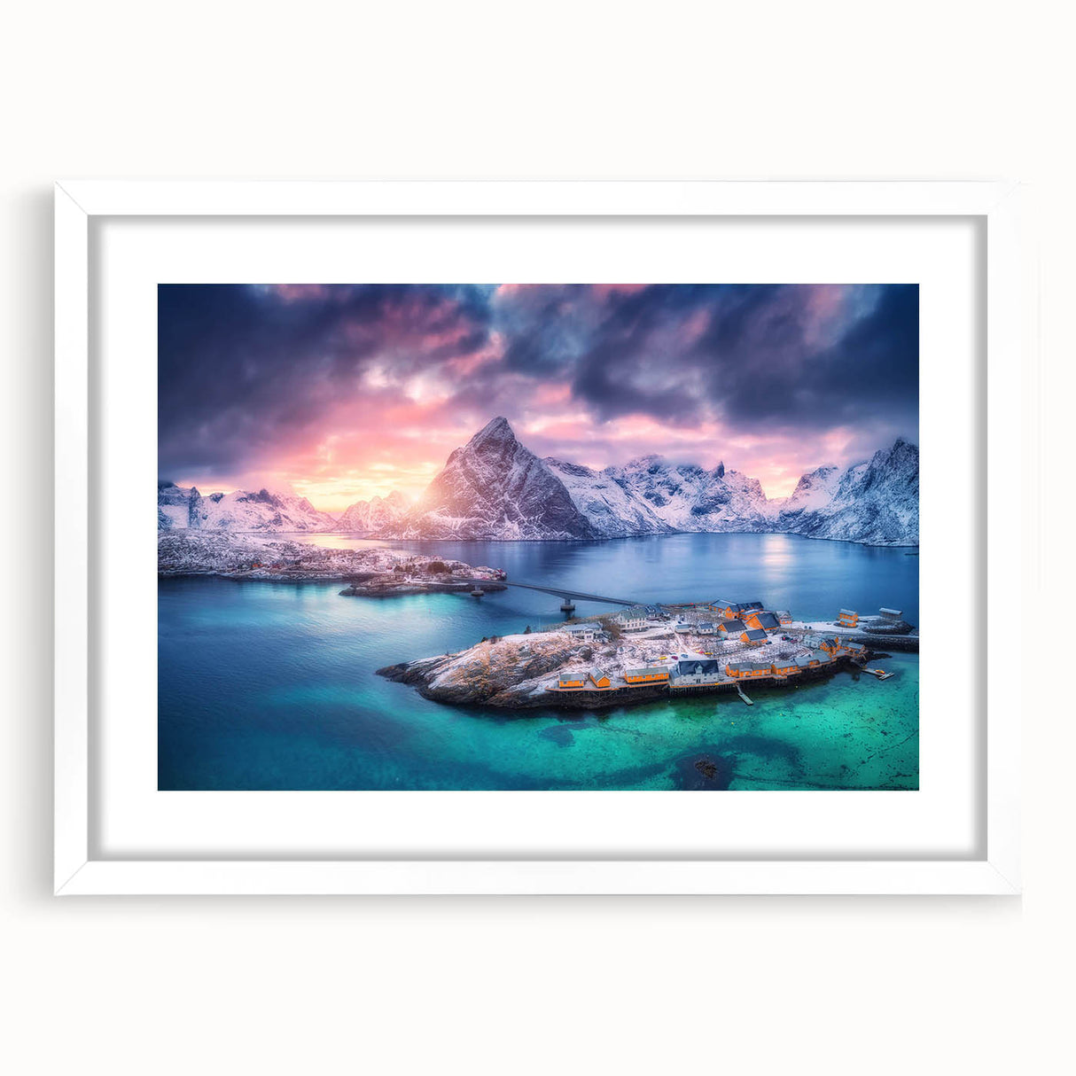 White-framed wall art collection showcasing a serene landscape village design, featuring soft colors and intricate details, ideal for home decor enhancement.