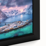 Framed canvas artwork showcasing a serene village landscape with vibrant colors, intricate details, and a calming atmosphere, perfect for home decor.