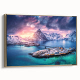 Framed canvas wall art featuring a picturesque village landscape design with gold accents, set against a soft background, ideal for enhancing home decor aesthetics.