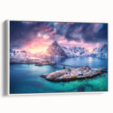 Framed canvas wall art showcasing a serene landscape village scene, featuring lush greenery and quaint homes, presented in a stylish white frame for modern decor.