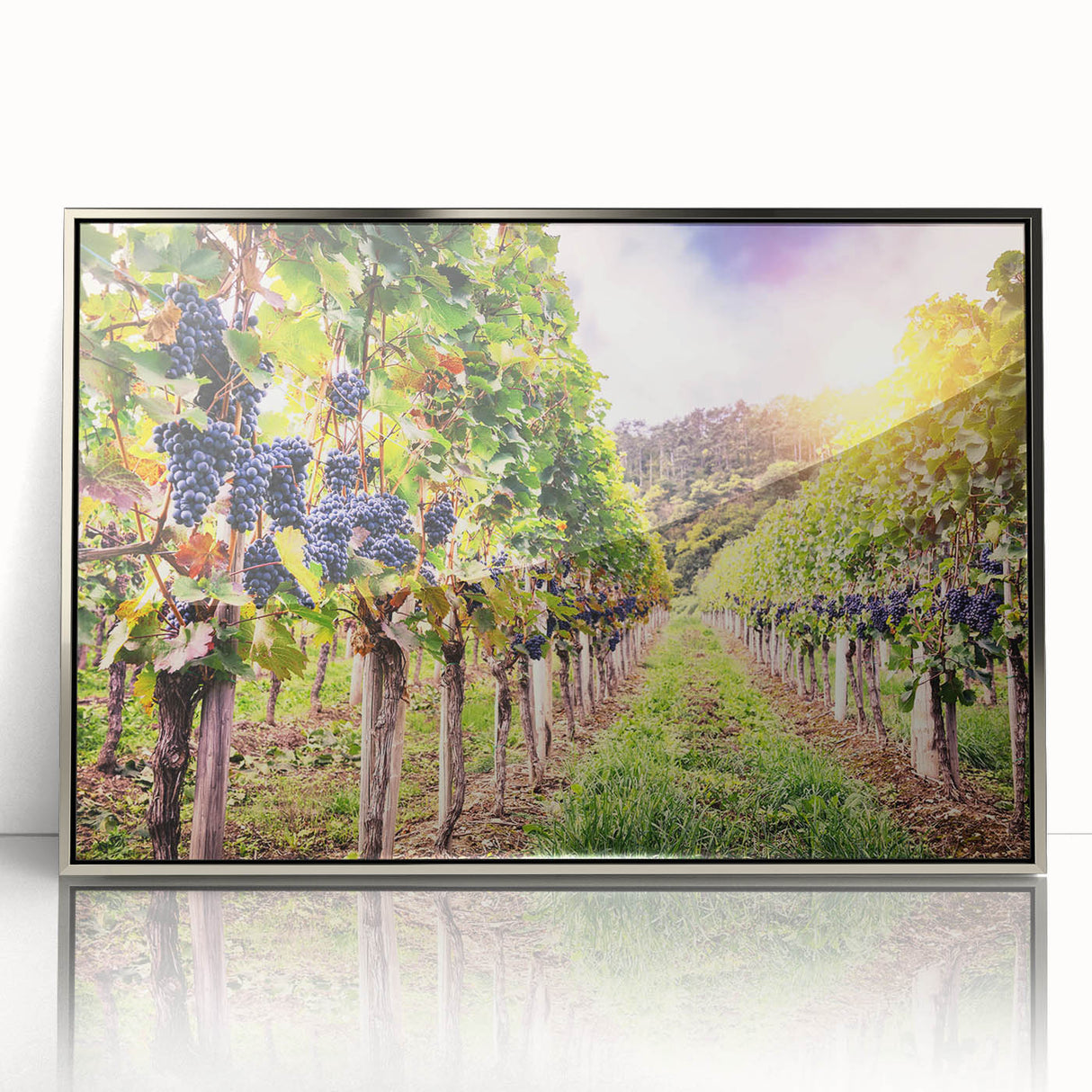 Framed acrylic wall art showcasing a picturesque vineyard landscape design with silver accents, perfect for home decor and enhancing living spaces.