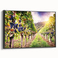 Framed canvas wall art showcasing a picturesque vineyard landscape design, featuring lush green grapevines and rolling hills, presented in a sleek black frame. This elegant piece adds a touch of sophistication to any decor, perfect for wine enthusiasts and nature lovers.