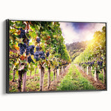 Framed canvas wall art showcasing a picturesque vineyard landscape design, featuring lush green grapevines and rolling hills, presented in a sleek black frame. This elegant piece adds a touch of sophistication to any decor, perfect for wine enthusiasts and nature lovers.