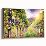Framed wall art showcasing a stunning vineyard landscape design on canvas, featuring rich green vines and a golden frame, perfect for enhancing home decor.