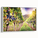 Framed canvas wall art showcasing a picturesque vineyard landscape design, featuring lush green vines and rolling hills, perfect for enhancing home decor.