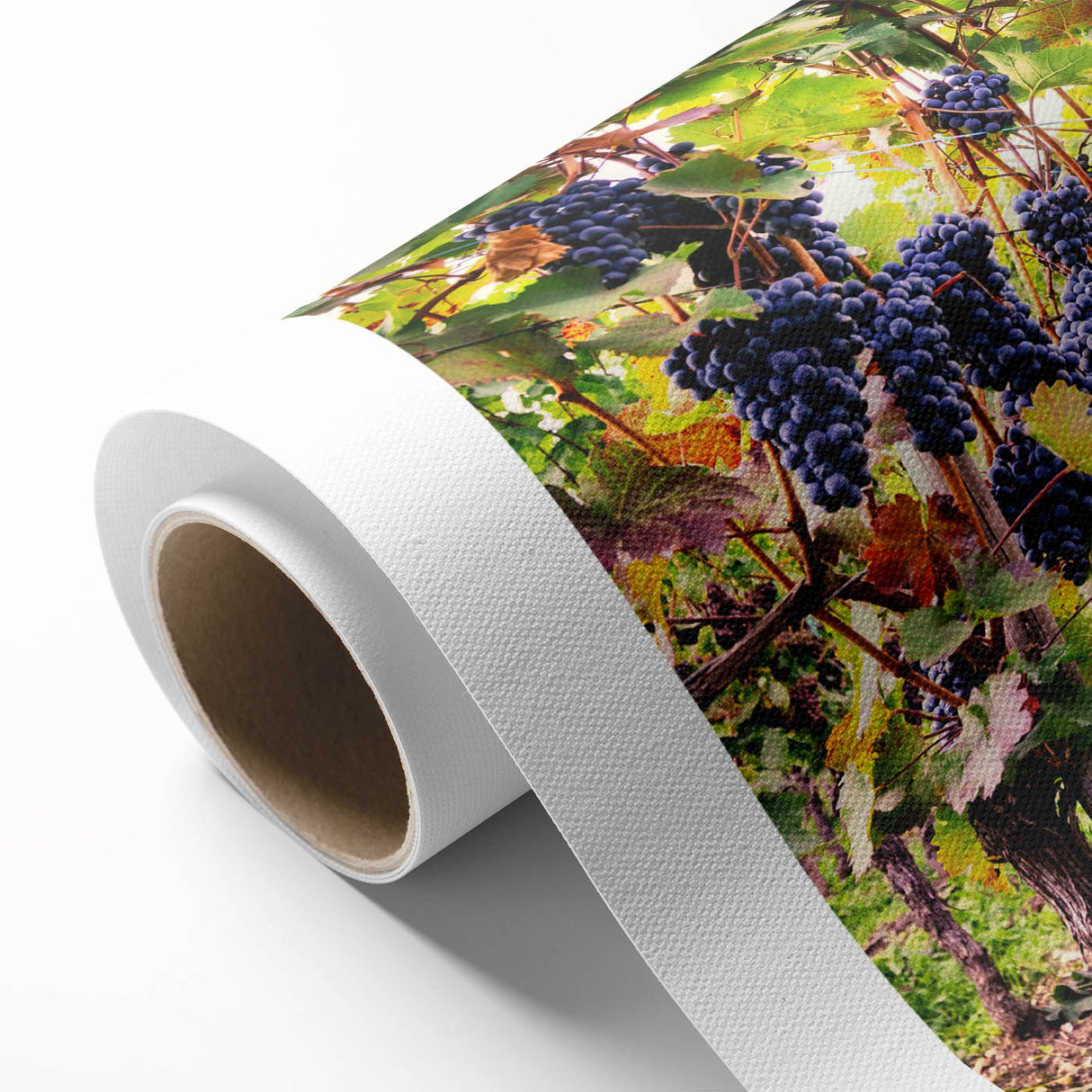 Rolled canvas artwork showcasing a vibrant vineyard landscape design, featuring lush green grapevines and rolling hills, perfect for enhancing home decor.