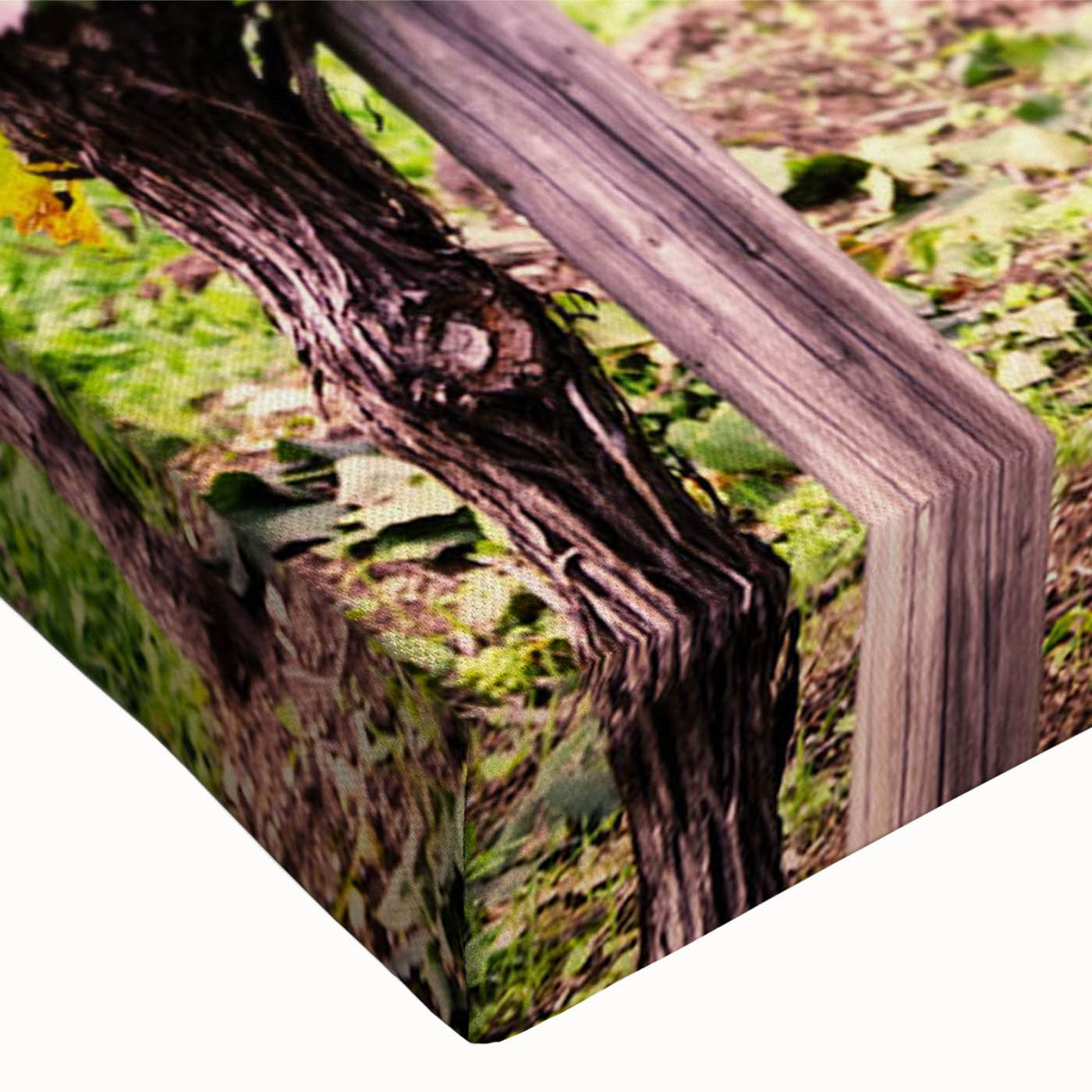 Close-up of a vibrant stretched canvas wall art piece showcasing a picturesque vineyard landscape, featuring lush green vines and rolling hills under a bright blue sky. Perfect for enhancing home décor with a touch of nature's beauty.