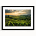 Black-framed wall art featuring a vibrant vineyard landscape design, showcasing lush green vines and rolling hills, ideal for home decor enthusiasts.