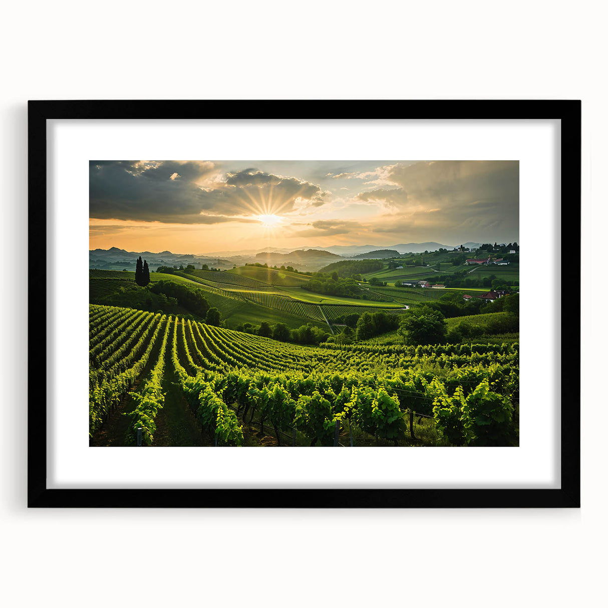 Black-framed wall art featuring a vibrant vineyard landscape design, showcasing lush green vines and rolling hills, ideal for home decor enthusiasts.