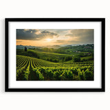 Black-framed wall art featuring a vibrant vineyard landscape design, showcasing lush green vines and rolling hills, ideal for home decor enthusiasts.