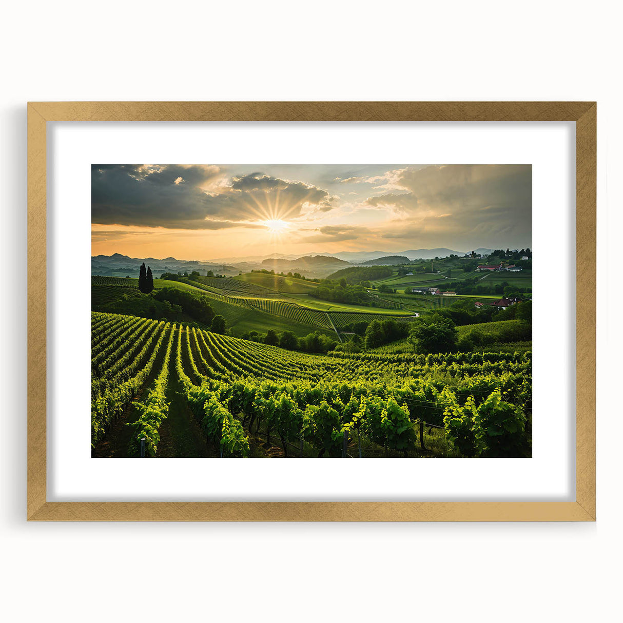 Elegant framed wall art featuring a vineyard landscape design, showcasing rich green vines and golden hues, perfect for enhancing home decor with a touch of nature.