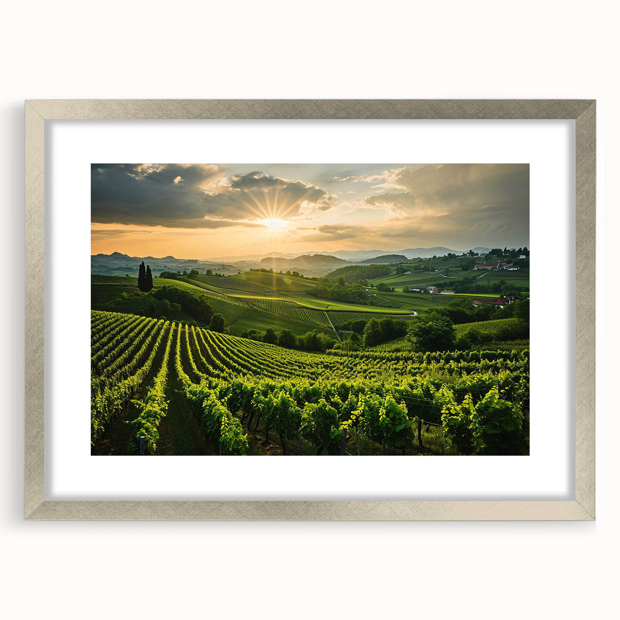 Framed wall art depicting a serene vineyard landscape with lush green vines and a clear blue sky, showcasing elegant silver matting and a sleek frame design.