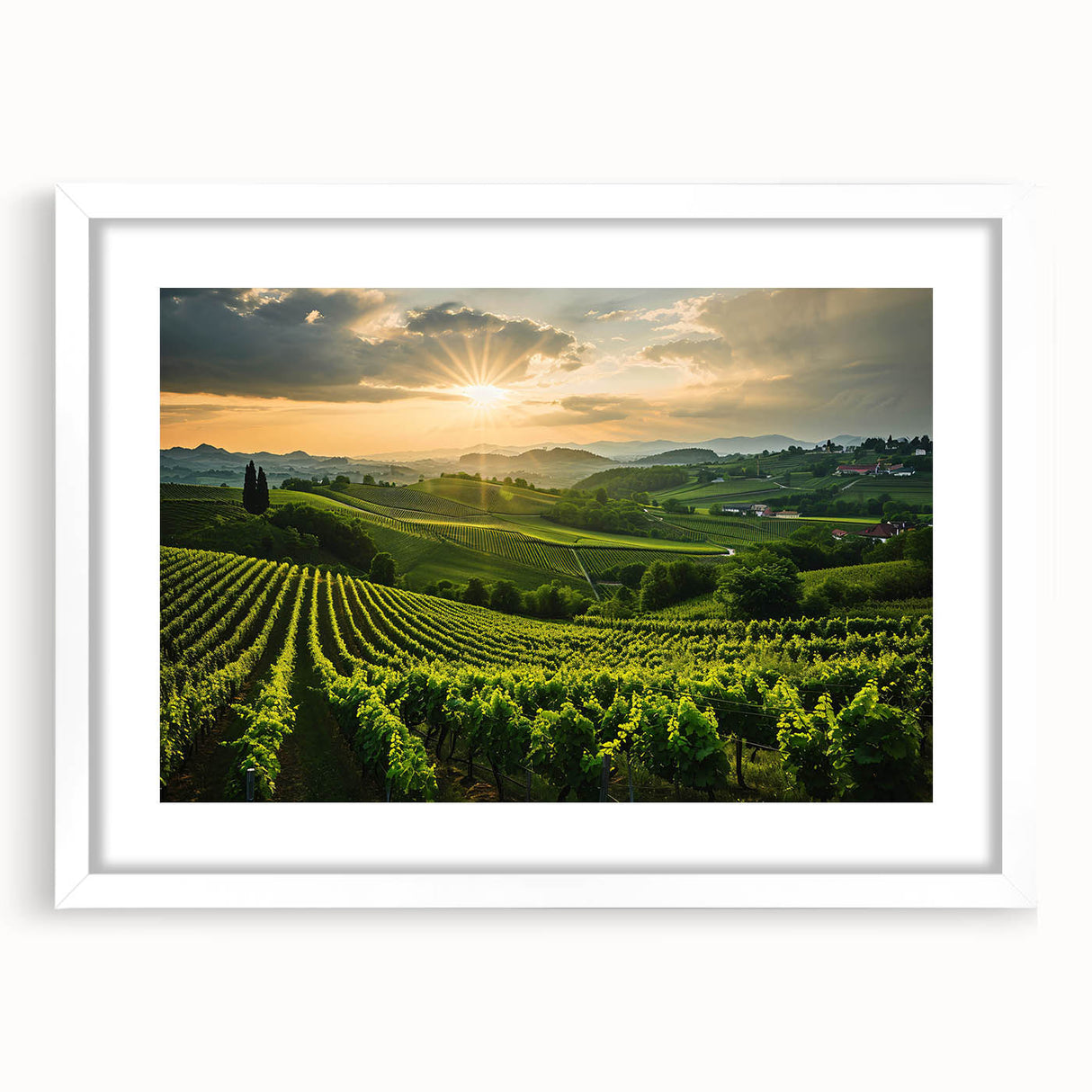Framed wall art featuring a vibrant vineyard landscape design, elegantly displayed with a white mat, perfect for enhancing home decor and creating a serene atmosphere.