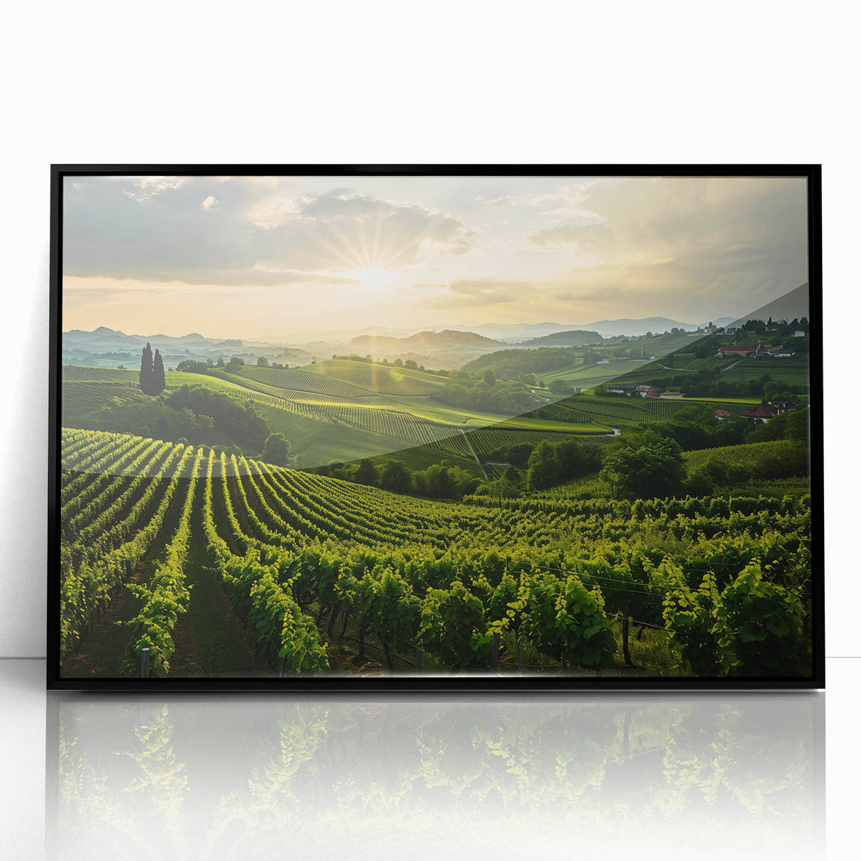 Framed acrylic wall art depicting a serene vineyard landscape, featuring lush green vines and a clear blue sky. Ideal for enhancing modern home decor with nature-themed elegance.