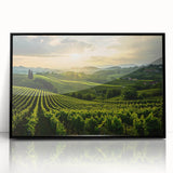 Framed acrylic wall art depicting a serene vineyard landscape, featuring lush green vines and a clear blue sky. Ideal for enhancing modern home decor with nature-themed elegance.
