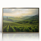 Framed wall art showcasing a vineyard landscape design, featuring rich greens and vibrant gold accents, perfect for enhancing home decor with an elegant touch.