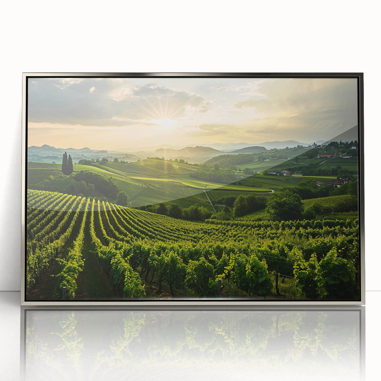 Framed acrylic wall art showcasing a stunning vineyard landscape design, featuring vibrant colors and intricate details, perfect for enhancing home decor.