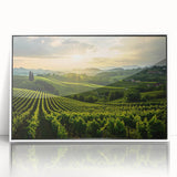 Framed acrylic artwork showcasing a scenic vineyard landscape, featuring lush green vines and rolling hills, designed for elegant wall decor in modern interiors.