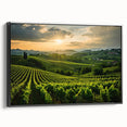 Framed black canvas wall art showcasing a vibrant vineyard landscape design, featuring lush green vines and a serene blue sky, perfect for home decor.