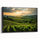 Framed black canvas wall art showcasing a vibrant vineyard landscape design, featuring lush green vines and a serene blue sky, perfect for home decor.