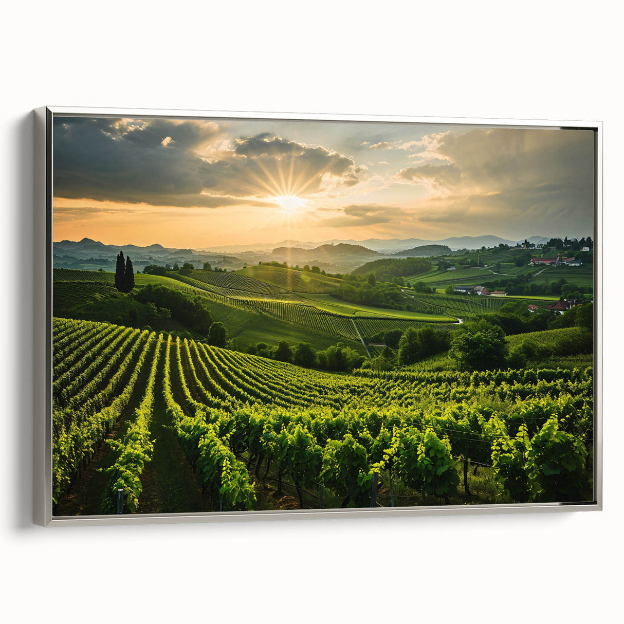 Framed wall art showcasing a serene vineyard landscape design, featuring rich green vines and rolling hills, presented in a stylish silver frame, perfect for enhancing home decor.