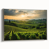 Framed wall art showcasing a serene vineyard landscape design, featuring rich green vines and rolling hills, presented in a stylish silver frame, perfect for enhancing home decor.