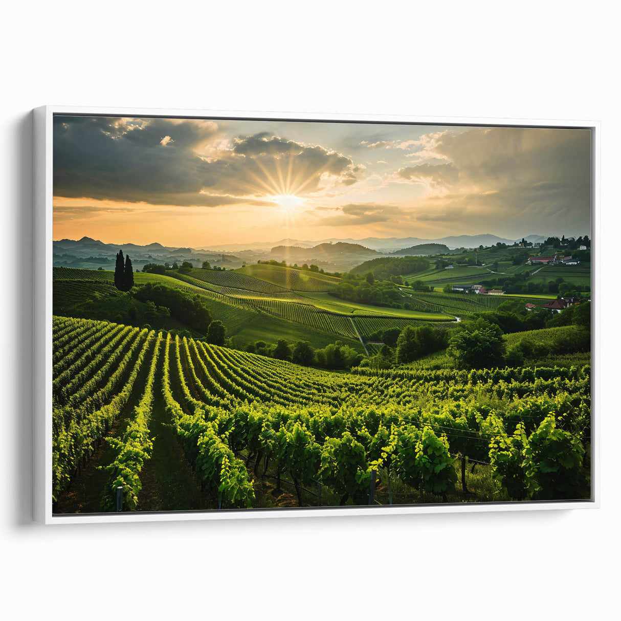 Framed canvas wall art depicting a scenic vineyard landscape, showcasing lush green vines under a bright blue sky, perfect for home decor enthusiasts.