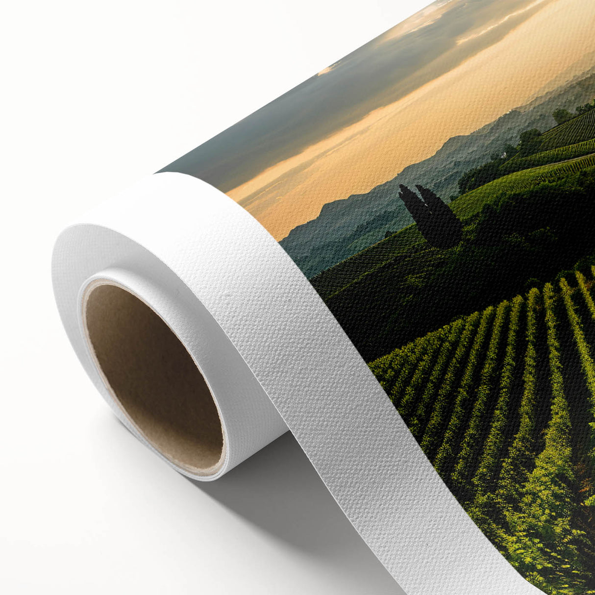 Vibrant rolled canvas artwork depicting a serene vineyard landscape, showcasing lush green grapevines under a bright blue sky, ideal for home decor.