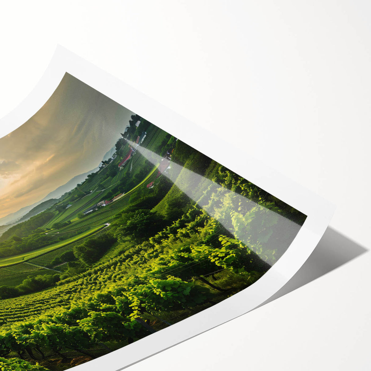 Vibrant rolled print showcasing a picturesque vineyard landscape with lush green grapes and rolling hills, ideal for home decor and art enthusiasts.