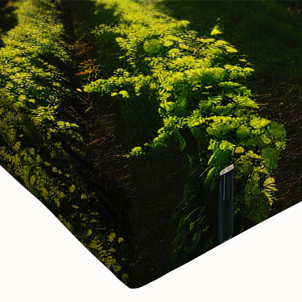 Close-up of a stretched canvas artwork depicting a vibrant vineyard landscape, showcasing rich green vines, rolling hills, and a serene blue sky, ideal for home decor.