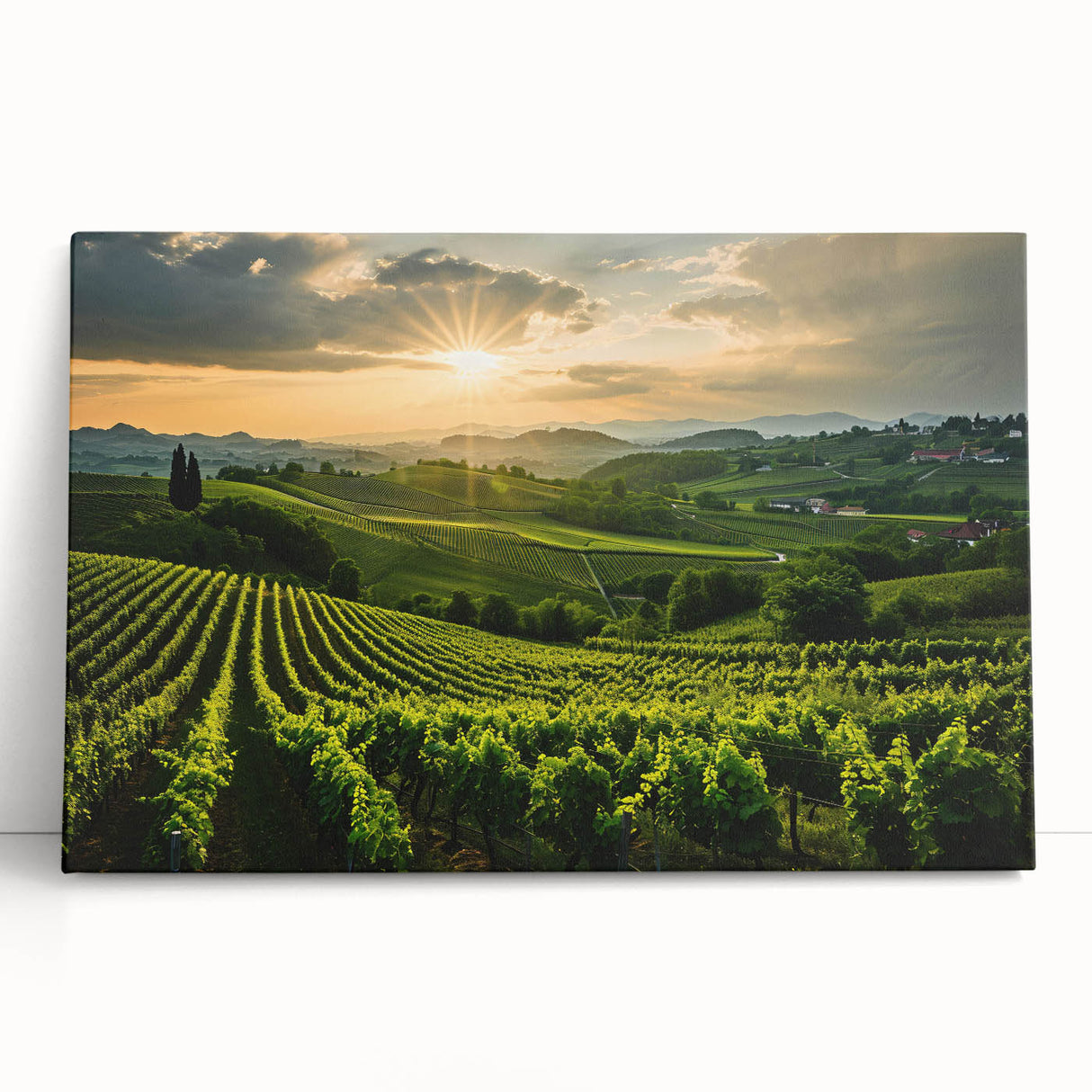 Vibrant stretched canvas artwork depicting a picturesque vineyard landscape, showcasing lush green vines and rolling hills, perfect for enhancing home decor.
