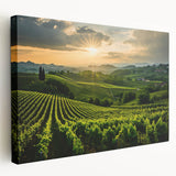 Stretched canvas art showcasing a picturesque vineyard landscape with vibrant green vines under a clear blue sky, perfect for enhancing home decor and creating a serene atmosphere.