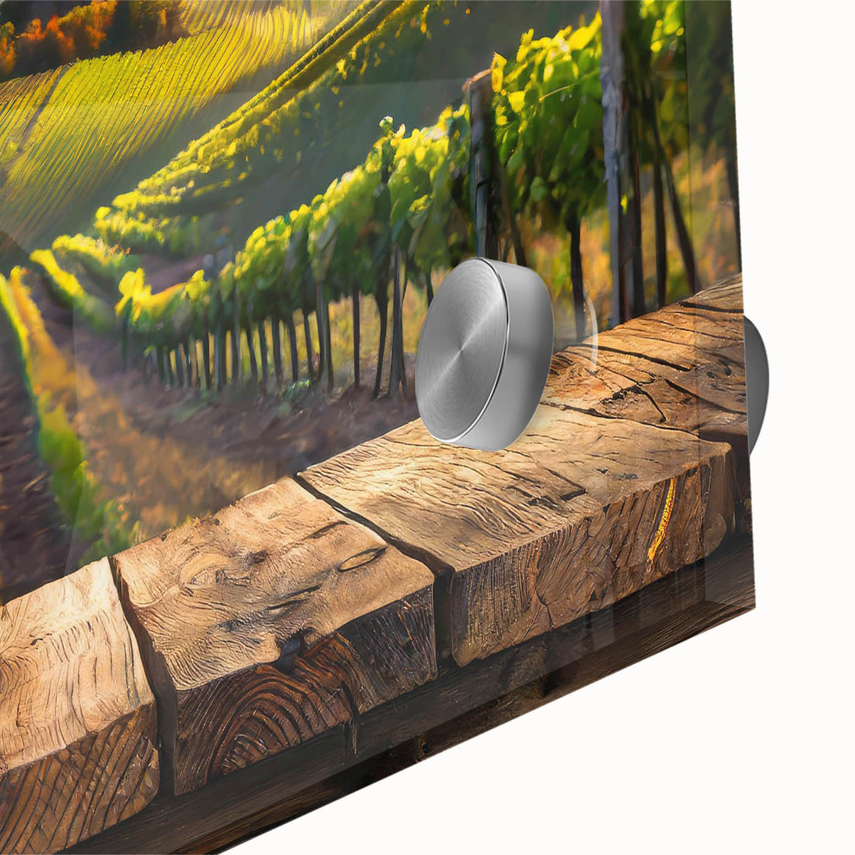 Close-up of a vibrant acrylic wall art piece depicting a lush vineyard landscape, showcasing rich greens and golds, perfect for enhancing home decor.