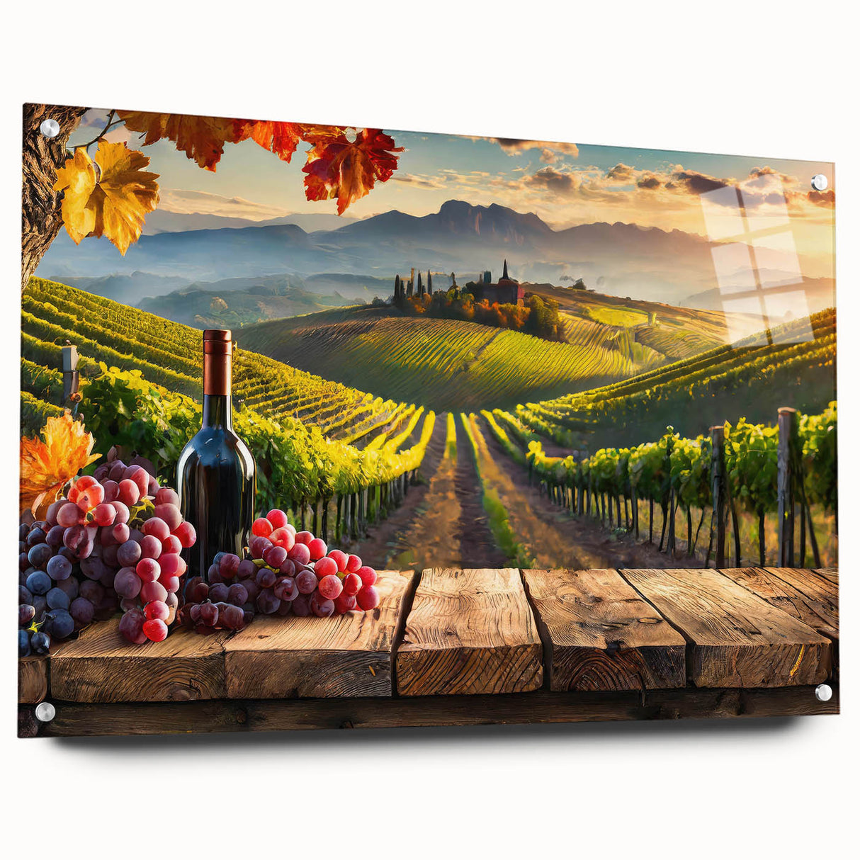 Acrylic wall art featuring a vibrant vineyard landscape design, displayed from a side view with pins, perfect for enhancing home decor with a touch of nature.