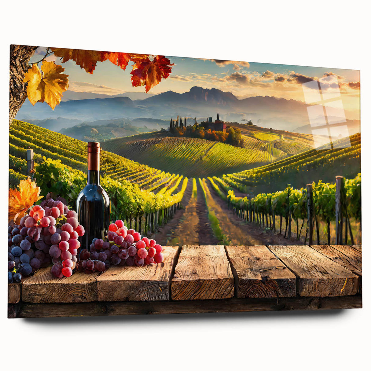 Acrylic glass wall art displaying a vibrant vineyard landscape design, featuring rich green vines and rolling hills, ideal for enhancing home decor.