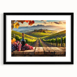 Framed wall art showcasing a picturesque vineyard landscape design, featuring rich green vines and soft earth tones, elegantly presented with a black frame and mat.