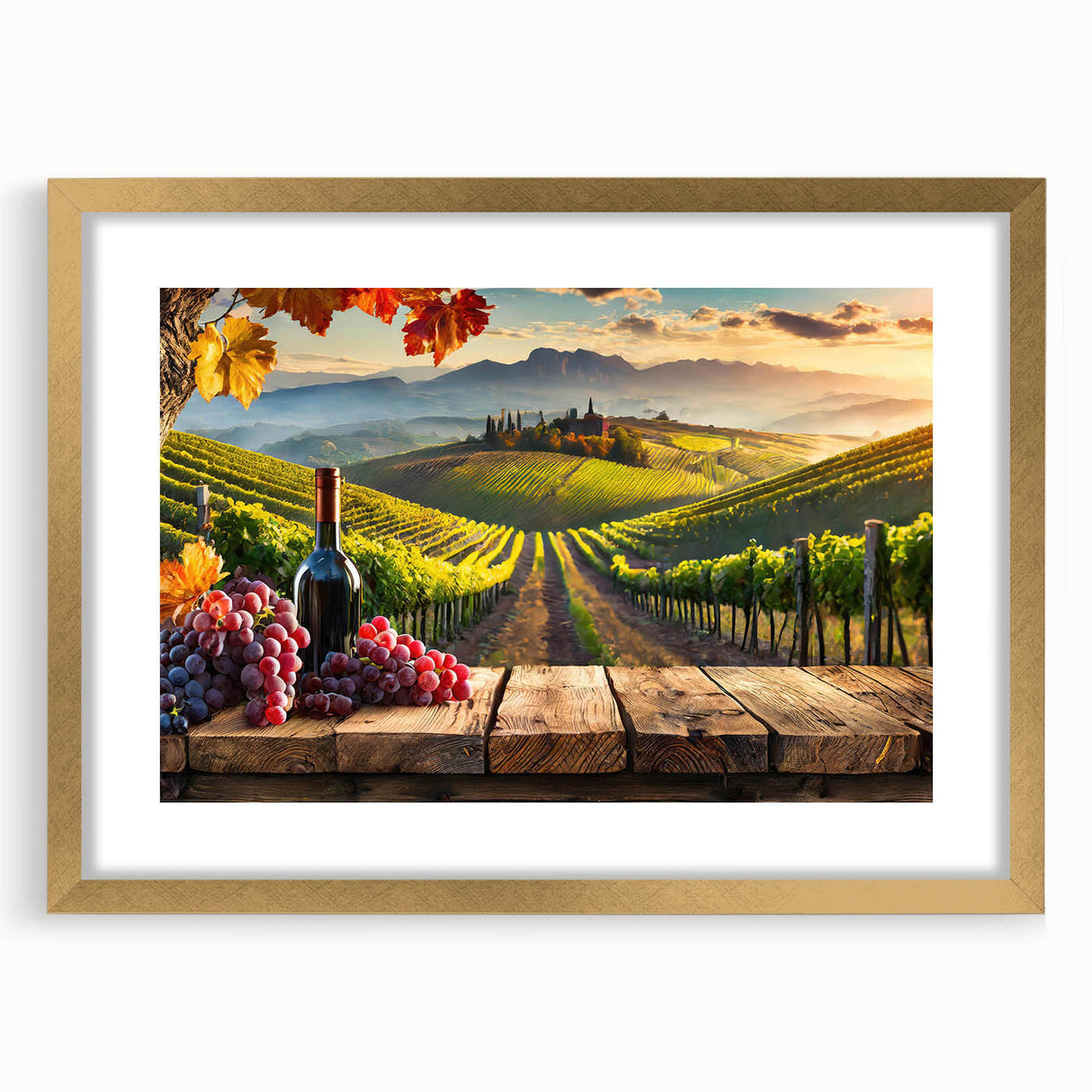 Elegant wall art featuring a vineyard landscape design, framed in gold with a mat, showcasing lush green vines and rolling hills, perfect for home decor.