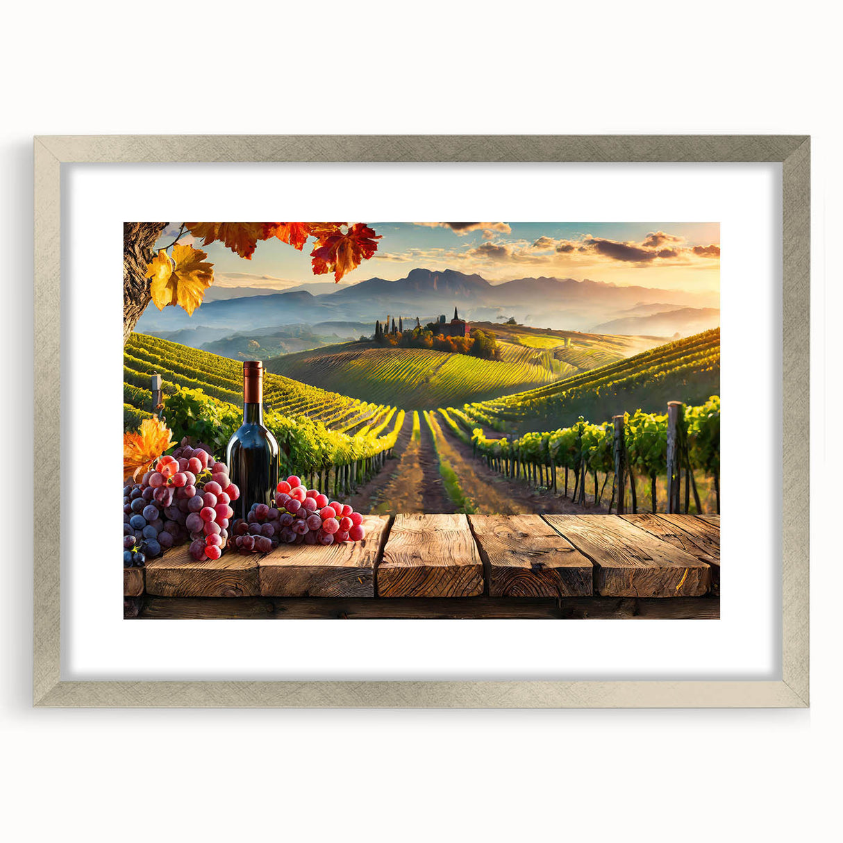 Framed wall art depicting a serene vineyard landscape with lush green vines and rolling hills, featuring a silver frame and mat, ideal for home decor.