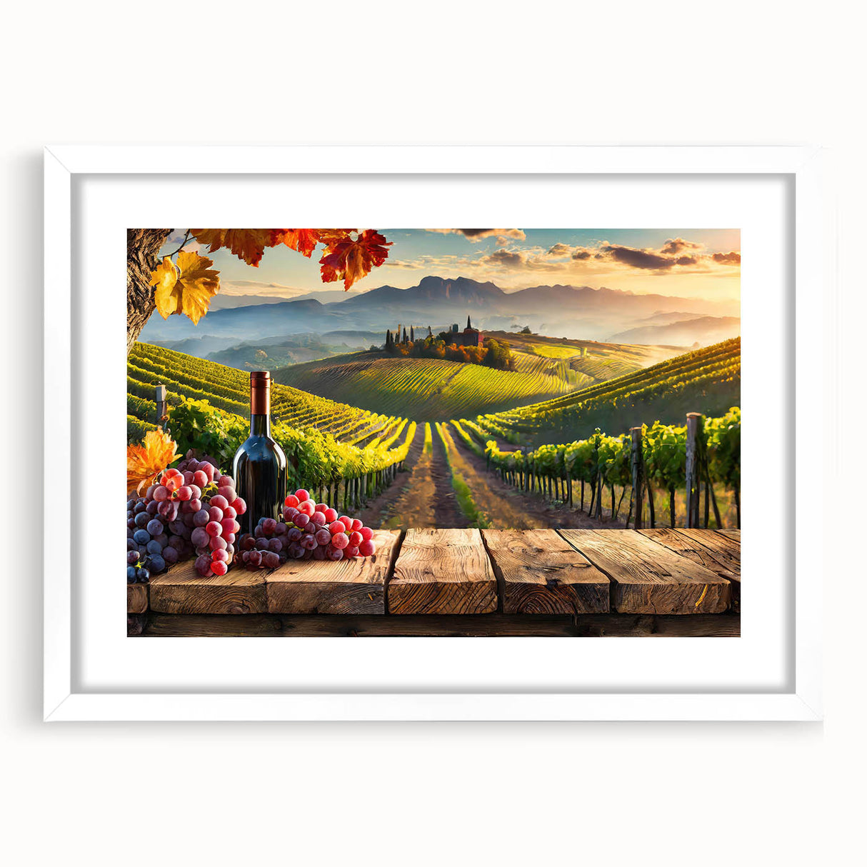 Framed wall art featuring a serene vineyard landscape design with vibrant green vines and rolling hills, accentuated by a crisp white mat for an elegant presentation. Ideal for enhancing home decor or as a gift for wine lovers.