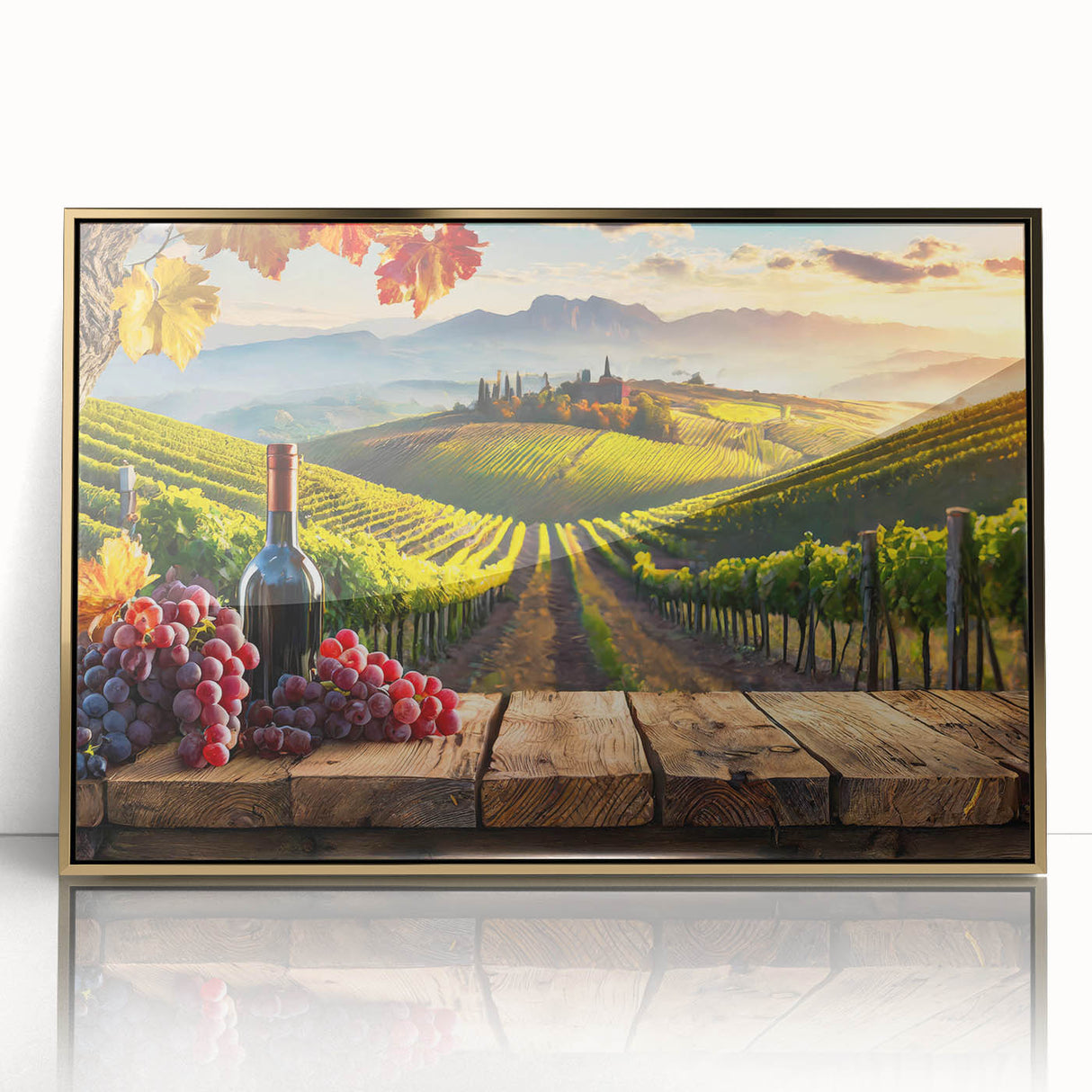 Framed acrylic wall art showcasing a stunning vineyard landscape design with golden accents, ideal for enhancing home decor in elegant settings.