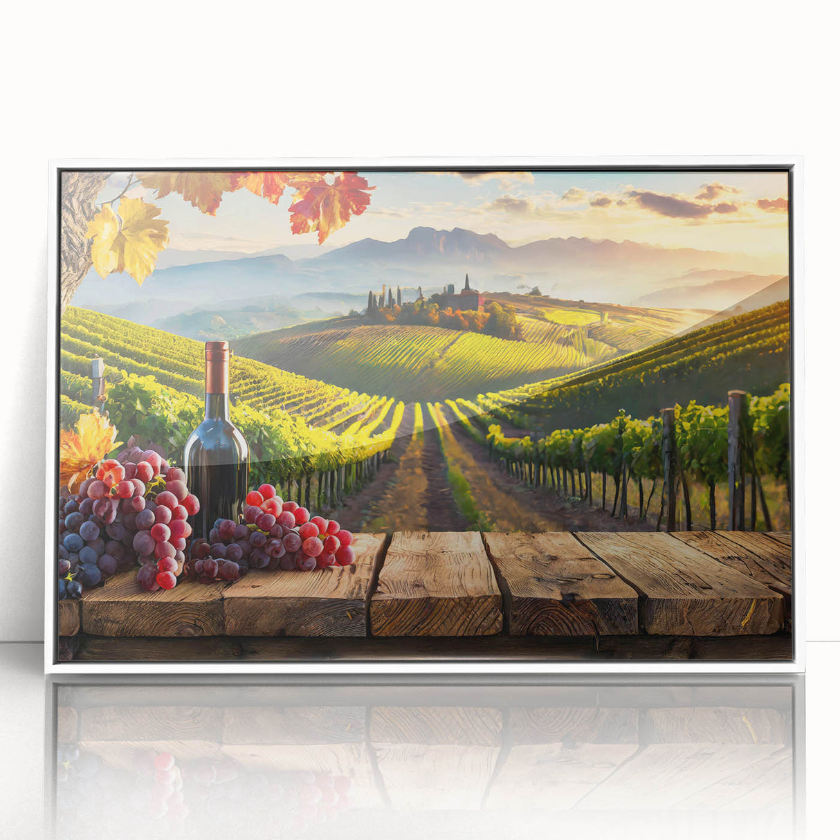 Framed acrylic wall art showcasing a serene vineyard landscape, featuring lush green vines and a picturesque sunset, presented in a sleek white frame for elegant decor.