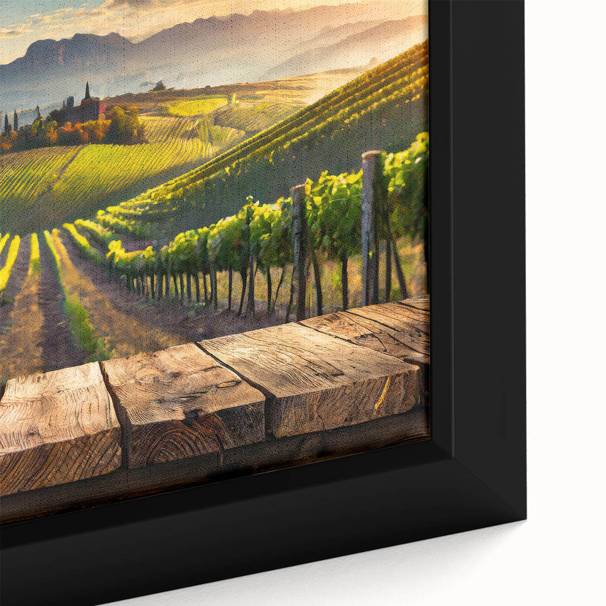 Close-up of framed canvas wall art depicting a vibrant vineyard landscape, showcasing lush green vines and rolling hills, perfect for home decor and wine enthusiasts.