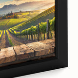 Close-up of framed canvas wall art depicting a vibrant vineyard landscape, showcasing lush green vines and rolling hills, perfect for home decor and wine enthusiasts.