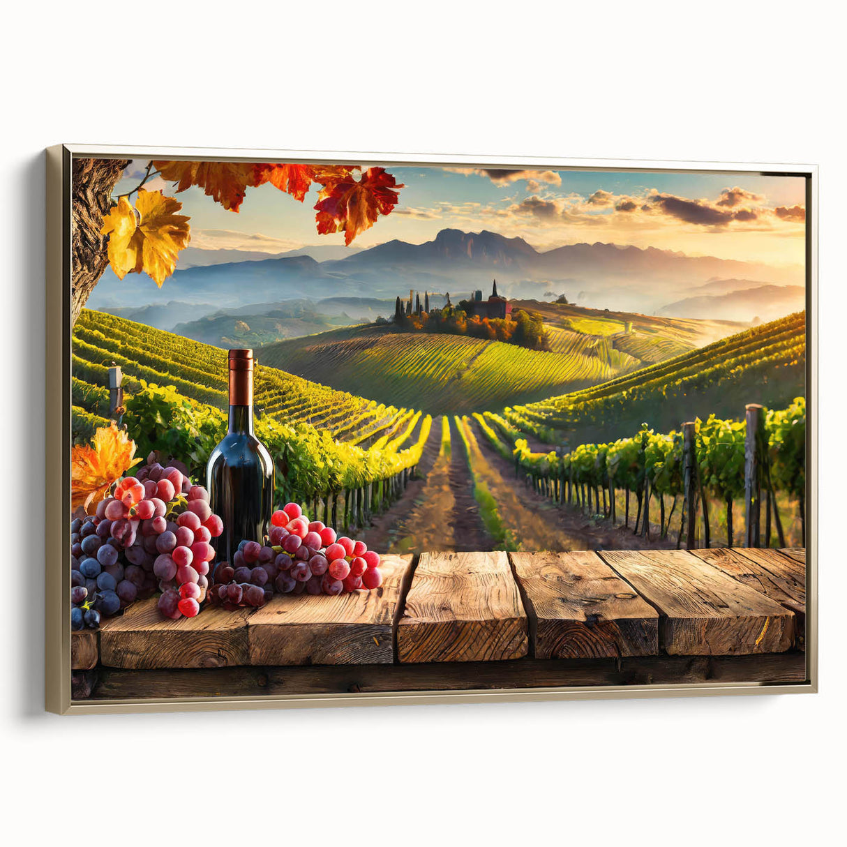 Framed canvas wall art showcasing a picturesque vineyard landscape design with rich green vines and golden tones, ideal for enhancing home decor or office spaces.