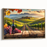 Framed canvas wall art showcasing a picturesque vineyard landscape design with rich green vines and golden tones, ideal for enhancing home decor or office spaces.