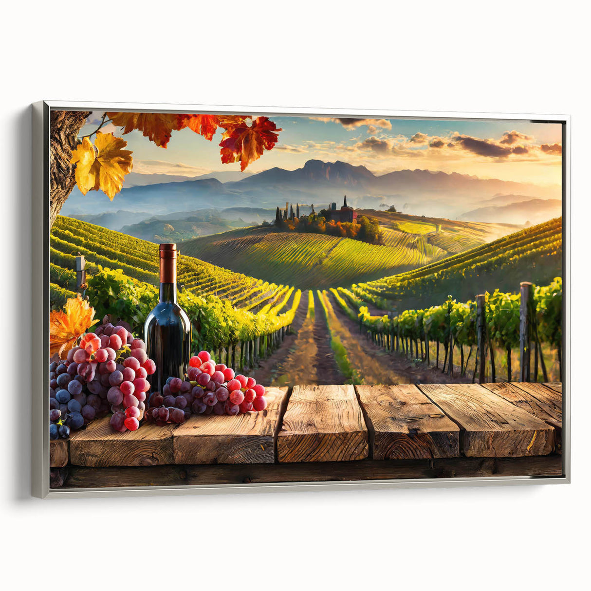 Framed canvas wall art depicting a serene vineyard landscape with lush green vines and rolling hills, accented by a sleek silver frame, perfect for enhancing home decor.